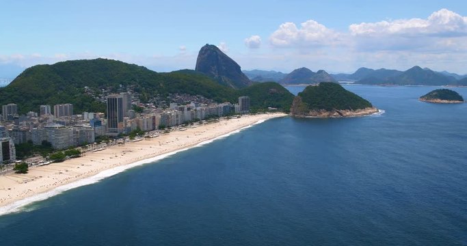 Flying along Copacabana Beach toward Sugarloaf Mountain, Rio de Janeiro, Brazil