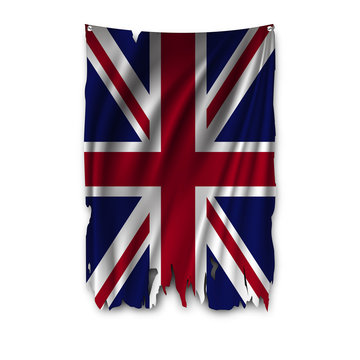 Torn by the wind national flag of Great Britain. Ragged. The wavy fabric on white background. Realistic vector illustration.