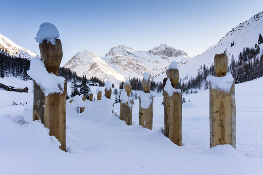 Wooden poles in Sertigtal near Davos, Switzerland, EU