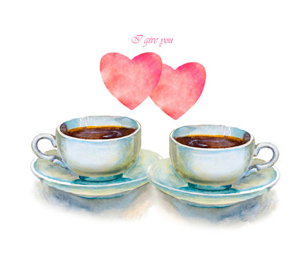 Party colorful tea cups and saucers with hearts closeup. Sketch handmade. Postcard for Valentine's Day. Watercolor illustration.