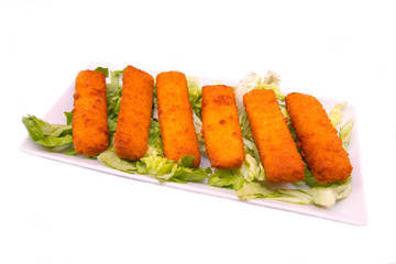 Fish sticks on tray on a white background
