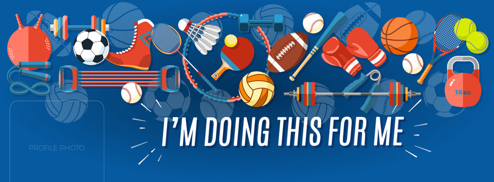 Sport banner Facebook Cover. Set of sport balls and gaming items at a blue background. Corporate facebook cover background. Healthy lifestyle tools, elements. Vector Illustration.