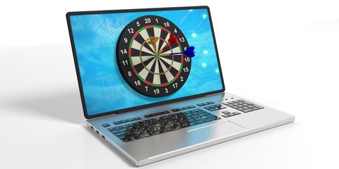 Darts board on a laptop's screen. 3d illustration
