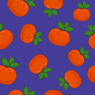 Seamless Pattern of Mandarin , Fruit Tropical Citrus Pattern, Tangerine on Purple Background , Vector Illustration