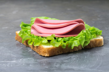 sandwich with sliced sausage on wooden table