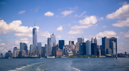 Fototapeta na wymiar The New York City Manhattan Financial District - view from the Staten Island ferry