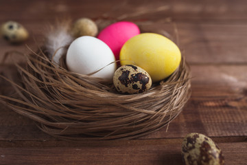 Easter eggs  on rustic wooden  background . 