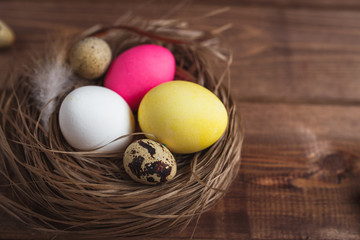 Easter eggs  on rustic wooden  background . 
