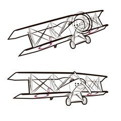 Vector illustration of a classic screw aircraft in static and in flight on a white background