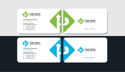 business card design template, rhombus and letter p, up and down arrows, green and blue colors