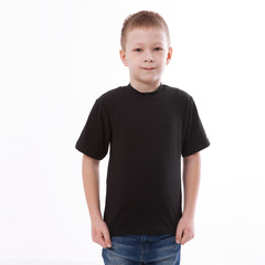 t-shirt design and people concept - close up of young man in blank black t-shirt, shirt front and rear isolated.