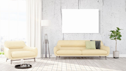 Modern interior with empty frame . 3D rendering