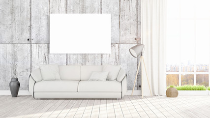 Modern interior with empty frame . 3D rendering