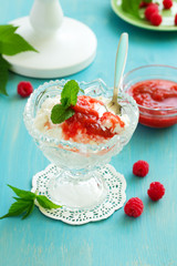 Dessert ricotta with homemade rhubarb compote.