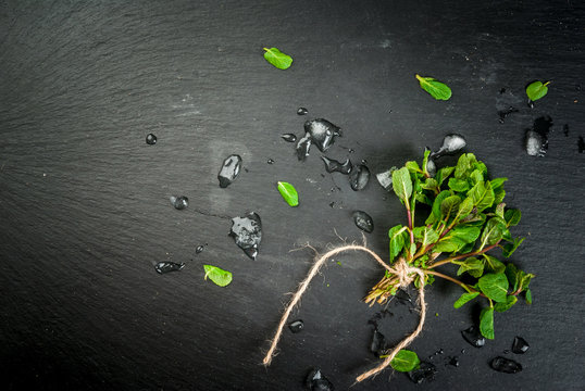 Bunch of fresh mint on black slate table with pieces of ice. The concept of cooling summer drinks. Top view, copy space