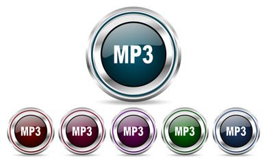 Mp3 silver metallic web set of vector icons isolated on white background in eps 10.