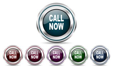 Call now silver metallic web set of vector icons isolated on white background in eps 10.
