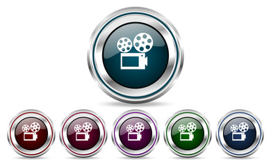 Movie silver metallic web set of vector icons isolated on white background in eps 10.