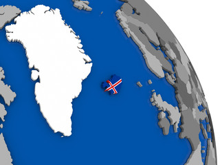 Iceland and its flag on globe