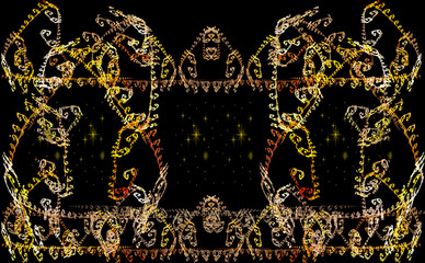 Ethnic ornament made of thin gold fractal on  black background.