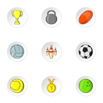 Sports accessories icons set, cartoon style
