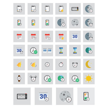 Time icons set. Vector illustration of flat colored pictogram. Sign and symbols
