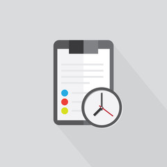 Clipboard folder with blank white sheet of paper with the shadow. Color icon . Sign clock reminder