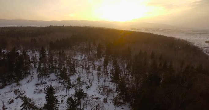 aerial view. winter woods forest landscape. beautiful nature, sunset dusk