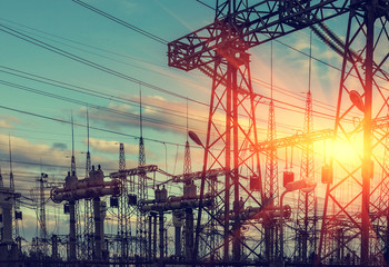  electricity distribution station at sunset.