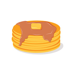 Stack of pancakes with maple syrup and piece of butter.