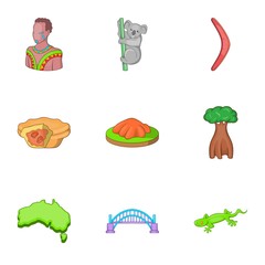 Australia tourism icons set, cartoon style