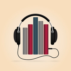 Headphones with books. Audio-book concept. Modern techology.