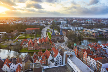 View from the Saint Petri Church tower over the city, Lubeck, Germany.