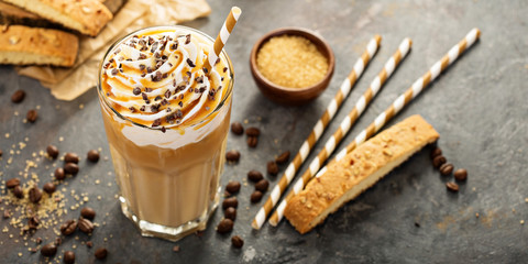 Iced caramel latte coffee in a tall glass