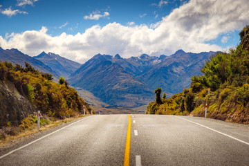Scenic road through mountain landscape near Lake Hawea, NZ