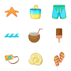 Summer beach icons set, cartoon style
