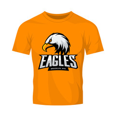 Furious eagle sport vector logo concept isolated on orange t-shirt mockup. Modern web infographic New York Brooklyn team pictogram.
Premium quality wild bird t-shirt tee print illustration.