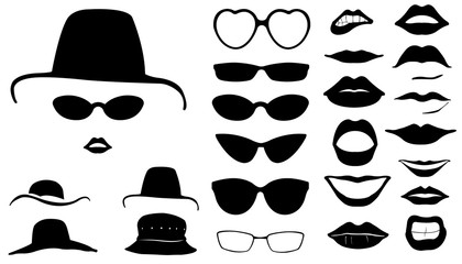 Set of women faces with hats isolated on white