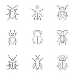 Insects beetles icons set, outline style
