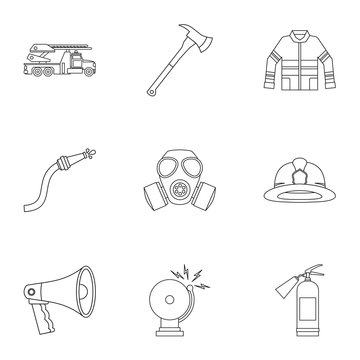Firefighter icons set, outline style