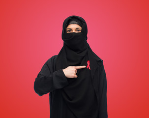 muslim woman in hijab with red awareness ribbon