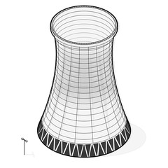 Vector cooling tower of power plant. Outlined concrete thermal power plant tower in isometric perspective with street lamps. Industrial architecture, power station tower, cylindrical building.