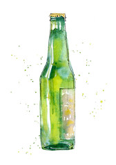 Bottle of a beer. Picture of a alcoholic drink. Watercolor hand drawn illustration.