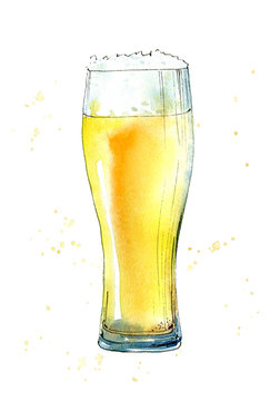 Glass of a beer. Picture of a alcoholic drink. Watercolor hand drawn illustration.