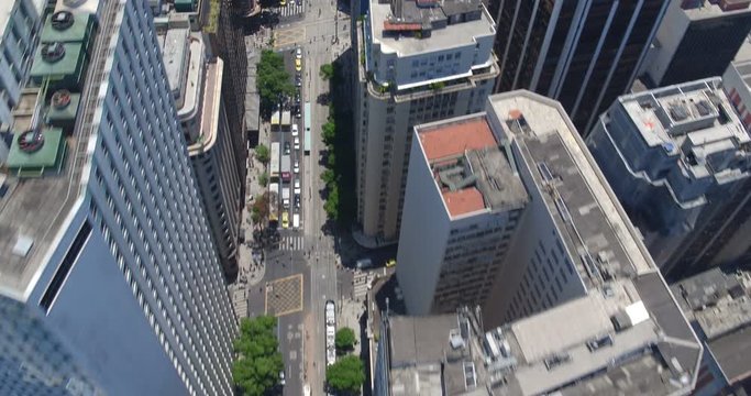 Aerial directly above busy downtown city street, Rio de Janeiro, Brazil