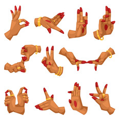 Woman hands with namaste mudra on white background sign and indian yoga language gestures relating to hinduism or buddhism mudras vector illustration. - obrazy, fototapety, plakaty