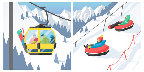 Snowboarder sitting in ski gondola and lift elevators winter sport resort snowboard people rest lifting jump vector illustration mountain - obrazy, fototapety, plakaty