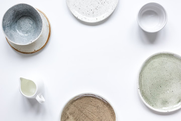 ceramic tableware top view on white background mock up