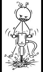 Stickman Cartoon of Man Working with Pneumatic Drill