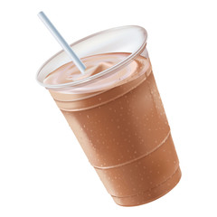 A chocolate or mocha milk shake smoothie or frapachino inside a clear plastic container covered with beads of cold condensation tilted to the left